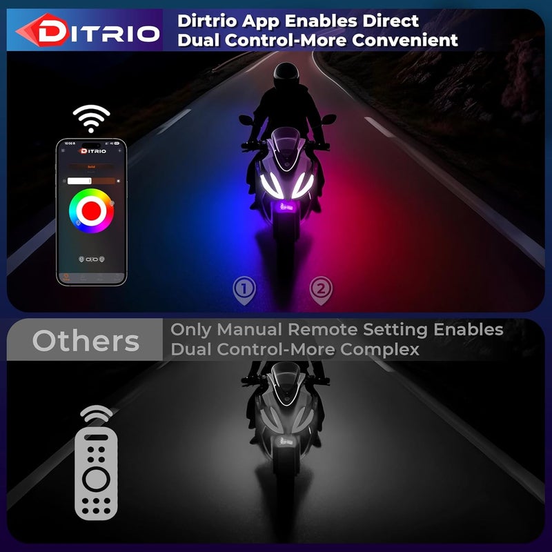 DITRIO 8PCS Double Row Motorcycle Led Lights with Brake Turn Signal,Underglow Light Kits with APP/RF Remote Control, Dual Zone,Waterproof,12V Pixelglow RGB Lights for Motorcycles, Golf Carts, UTVs - Image 5
